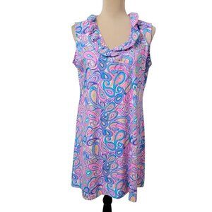 Lulu B Size L Pink & Blue Paisley Sleeveless Shift Dress, Ruffle Neck, EUC
